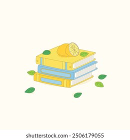Pila aislada de libros con limón en la parte superior y hojas, Ilustración vectorial