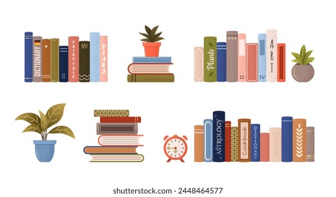 isolated stack and piles of various books. World book day. Vector set of educational books, plants, alarm clock. Grainy illustrations on white background for book festival, store, book fair. 