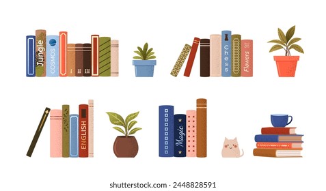 isolated stack and piles of various books. World book day. Vector set of educational books, plants, statue of a cat. Grainy illustrations on white background for book festival, store, book fair. 