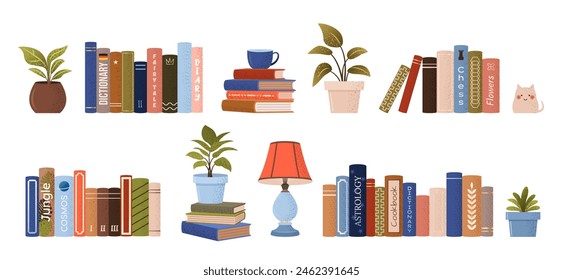 isolated stack and piles of various books. World book day. Vector set of educational books, plants, statuette, lamp. Grainy illustrations on white background for book festival, store, book fair.