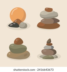 Piedras apiladas aisladas en una pirámide de equilibrio de jardín zen para yoga, estilo de vida, relajación, bienestar tradicional japonés, o el contenido de salud mental en una tranquila ilustración vectorial plana