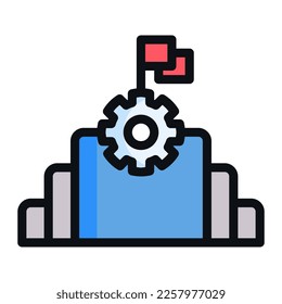 Isolated stair with flag and gear in lineal color icon on white background. Achievement, successful, career