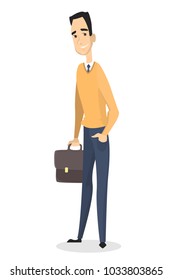 Isolated standing man with briefcase on white.