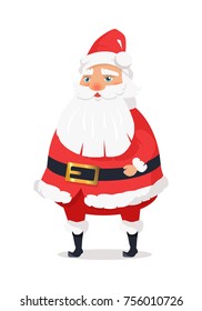 Isolated standing Santa Claus on white background. Vector illustration of old man with long beard worn in red warm coat trousers, soft hat, black boots wide belt. Element of holiday decor for shops