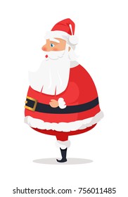 Isolated standing Santa Claus on white side view. Vector illustration of old man with long beard worn in red warm coat trousers, soft hat, black boots wide belt. Element of holiday decor for shops