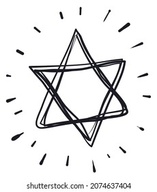 Isolated Star of David in doodle style with glowing lines over white background.