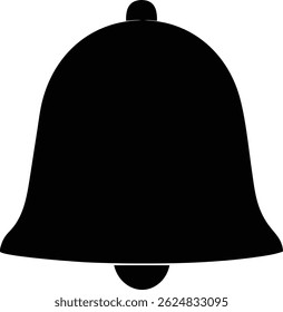 An isolated stark black silhouette of a classic bell with its rounded form and clapper is depicted, ideal for notification or alert. Its design is simple and clear.
