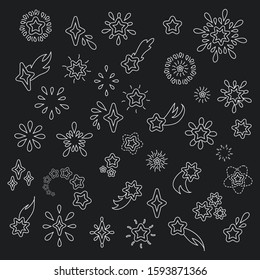 Isolated Stars Object On Black Background. White Outline Icons. Vector Graphic With Star Shapes Snowflakes And Magic. Space Abstract Wallpaper
