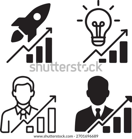 Isolated Startup Growth black vector icon set, startup growth icons, rocket idea business success design, solid black outline filled minimal thin stroke, entrepreneurship innovation symbols