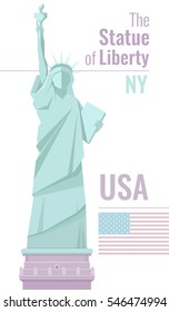 Isolated statue of liberty on white background. Flat vector illustration with typography design and USA flag.