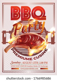 Isolated Steak realistic Vintage Vector Emblem, Label or Logo Template. Meat with a grill, realistic fire Effect. Barbecue poster. Food flyer.  For invitations, greeting cards, family summertime.