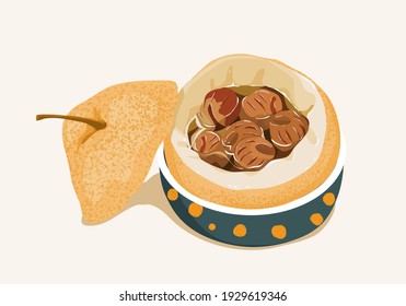 Isolated steamed pear with dried longan and rock sugar on white background. Traditional medicine for sore throat and appetizer. Close up hand drawing vector illustration.
