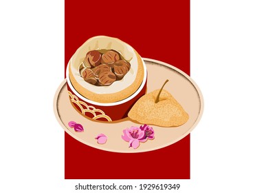 Isolated steamed pear with dried longan and rock sugar on a plate. Traditional medicine for sore throat and appetizer. Close up hand drawing vector illustration.