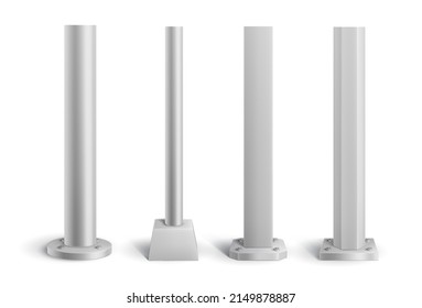 Isolated Steel Metal Poles And Pillars. Realistic Vector Pipes On Stands, 3d Elements Of Sign Post, Street Billboard Or Construction Columns, Iron, Silver Or Aluminum Pole Mockup