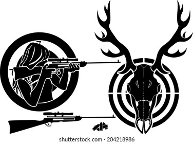 Isolated stencil symbol set for deer hunting, target, deer skull and girl with a rifle