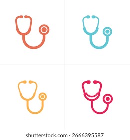 Isolated stethoscopes, each in a distinct color – teal, orange, yellow, and red. Medical device illustrations convey healthcare and diagnostic themes against a white background.