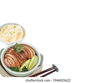 Isolated Stewed Pork in clay pot on white background with a bowl of noodles and chopsticks. Close-up hand drawing asian food vector illustration. 