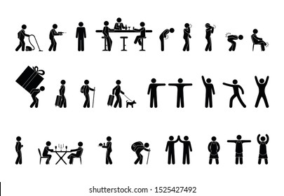 isolated stick figure people icons, human pictogram in various situations