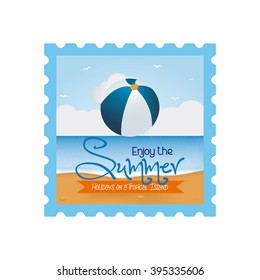 Isolated sticker with a beach ball and text on a white background