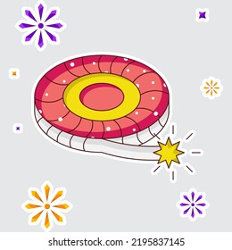 Isolated Sticker Of Bursting Firecracker Chakra Over Fireworks Star Grey Background.