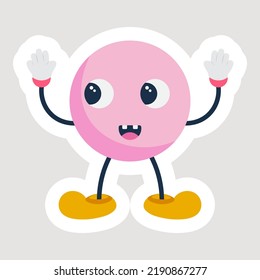 Isolated Sticker Of Cheerful Pink Circle Shape Cartoon With Hands Up Over Grey Background.