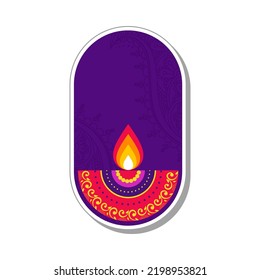 Isolated Sticker Of Colorful Floral Diya(Oil Lamp) Burning On Oval Purple Background.