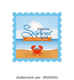 Isolated sticker with a crab icon and text on a white background