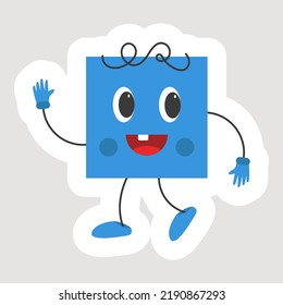 Isolated Sticker Of Dancing Blue Square Cartoon On Grey Background.
