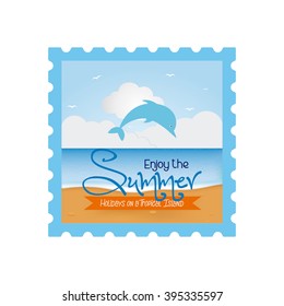 Isolated sticker with a dolphin icon and text on a white background