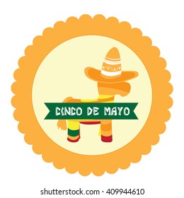Isolated sticker with a donkey toy, a traditional hat and a ribbon with text