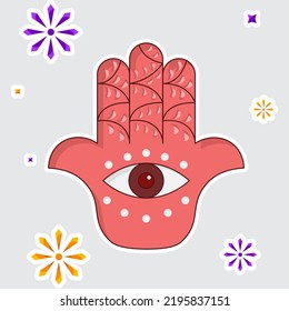 Isolated Sticker Of Hamsa Hand Over Stars Grey Background.