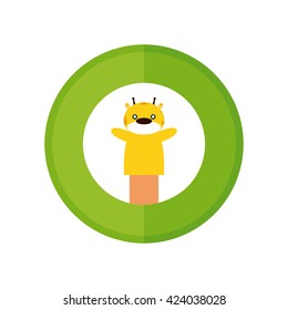 Isolated sticker with a hand holding a giraffe puppet on a white background