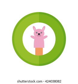 Isolated sticker with a hand holding a rabbit puppet on a white background