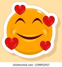 Isolated Sticker Of Heart Fly Loving Cartoon Circle Face Emoji Yellow Background.