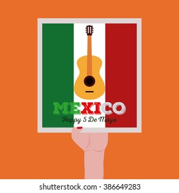 Isolated sticker hold by a hand with text and a guitar for cinco de mayo celebrations