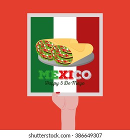 Isolated sticker hold by a hand with text and a pair of tacos for cinco de mayo celebrations