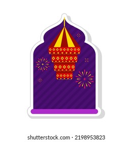 Isolated Sticker Of Jhumar Hanging Door With Bursting Fireworks Purple Door Way Background.