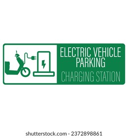 Isolated sticker label design of green rectangle electric vehicle charging station for e bike motorcycle parking with illustration motor cable and electrical plug