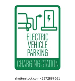 Isolated sticker label design of green rectangle electric vehicle charging station for ev car, electric car parking with illustration mobile, cable and electrical plug