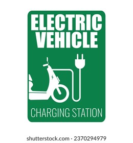 Isolated sticker label design of rectangle charging station for e bike motor cycle parking with illustration motor cable and electric plug