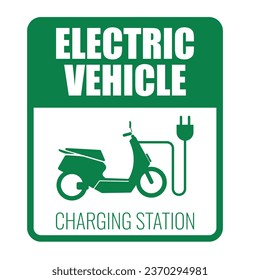 Isolated sticker label design of rectangle charging station for e bike motor cycle parking with illustration motor cable and electric plug