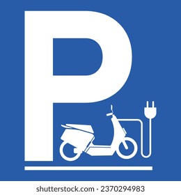 Isolated sticker label design of rectangle charging station for e bike motor cycle parking with illustration motor cable and electric plug