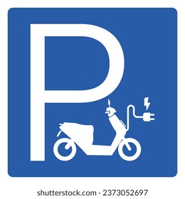 Isolated sticker label design of rectangle charging station for e bike motor cycle parking with illustration motor cable and electric plug