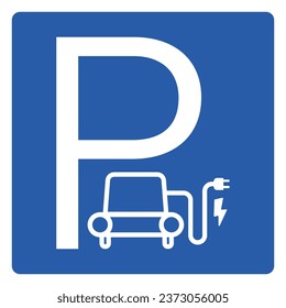 Diseño aislado de etiqueta adhesiva de la estación de carga cuadrada para el estacionamiento móvil eléctrico de coche ev con cable de coche ilustrativo y enchufe eléctrico