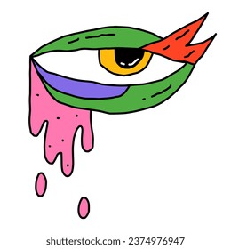 isolated sticker - mystical eye for halloween A frightening occult look.Eyeball template for tattoo in rock and roll and punk style.Psychedelic horror sticker.1970s funky and groovy element. Zombie 