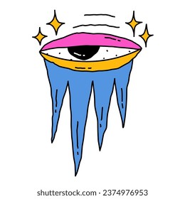isolated sticker - mystical eye for halloween A frightening occult look.Eyeball template for tattoo in rock and roll and punk style.Psychedelic horror sticker.1970s funky and groovy element. Zombie 
