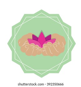Isolated sticker with a pair of hands holding a lotus flower
