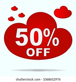 Isolated sticker of red cloud for sale in store. 50 percent discount. Vector illustration.