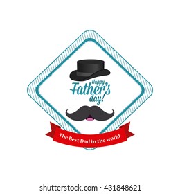 Isolated sticker with a ribbon with text and a mustache and a hat icons