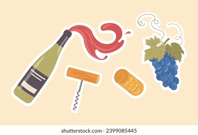 Isolated sticker set of red wine splashing from bottle, crock and corkscrew and grape bunch